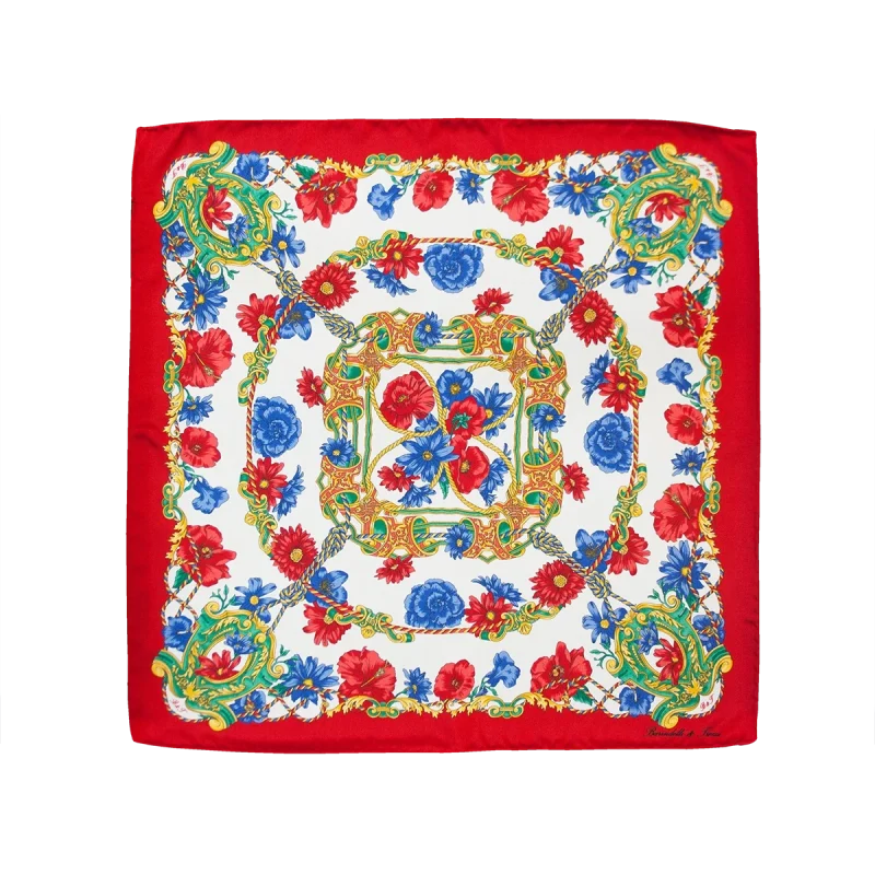 Foulard piccolo quadrato in seta rosso rubino con fantasia floreale blu bianca e oro