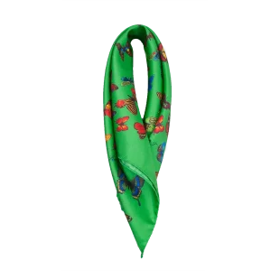 Foulard piccolo in seta verde smeraldo con fantasia a farfalle multicolore piegato