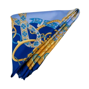 Foulard 90x90 in seta di Como fantasia catene e nastri nei toni azzurro e blu