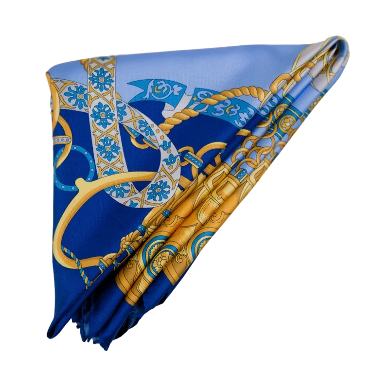 Foulard 90x90 in seta di Como fantasia catene e nastri nei toni azzurro e blu