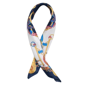 Foulard elegante da donna con fantasia catene e nastri blu navy e rosso