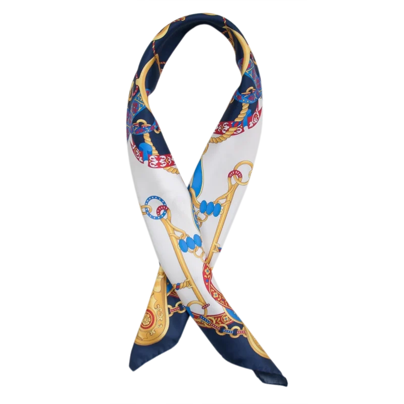 Foulard elegante da donna con fantasia catene e nastri blu navy e rosso