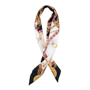 Foulard elegante da donna con fantasia catene e nastri nero bianco e rosso