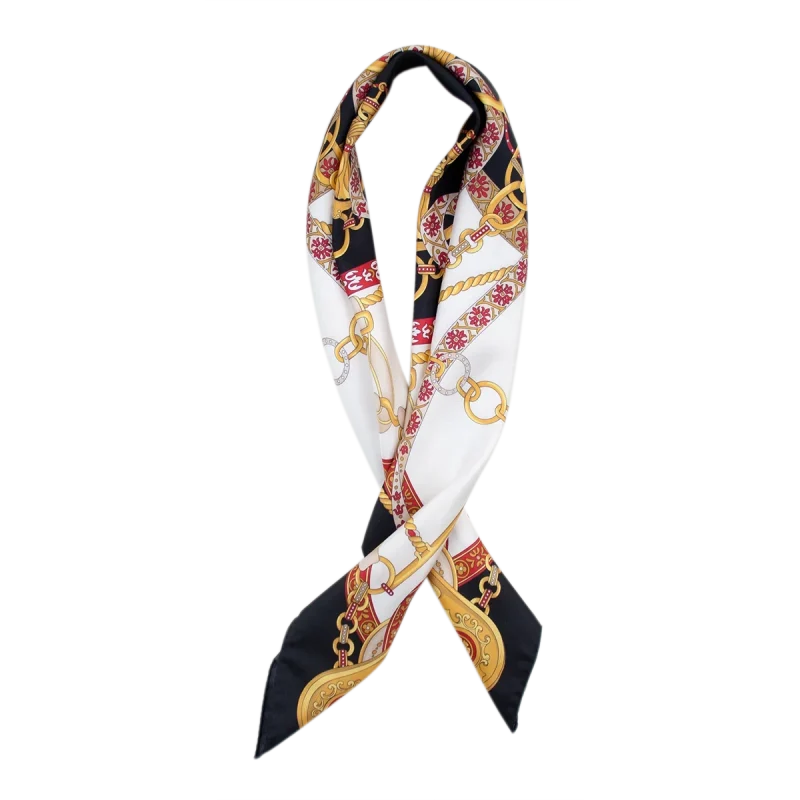 Foulard elegante da donna con fantasia catene e nastri nero bianco e rosso