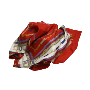 Foulard donna in seta rosso con dettagli blu e fantasia classica