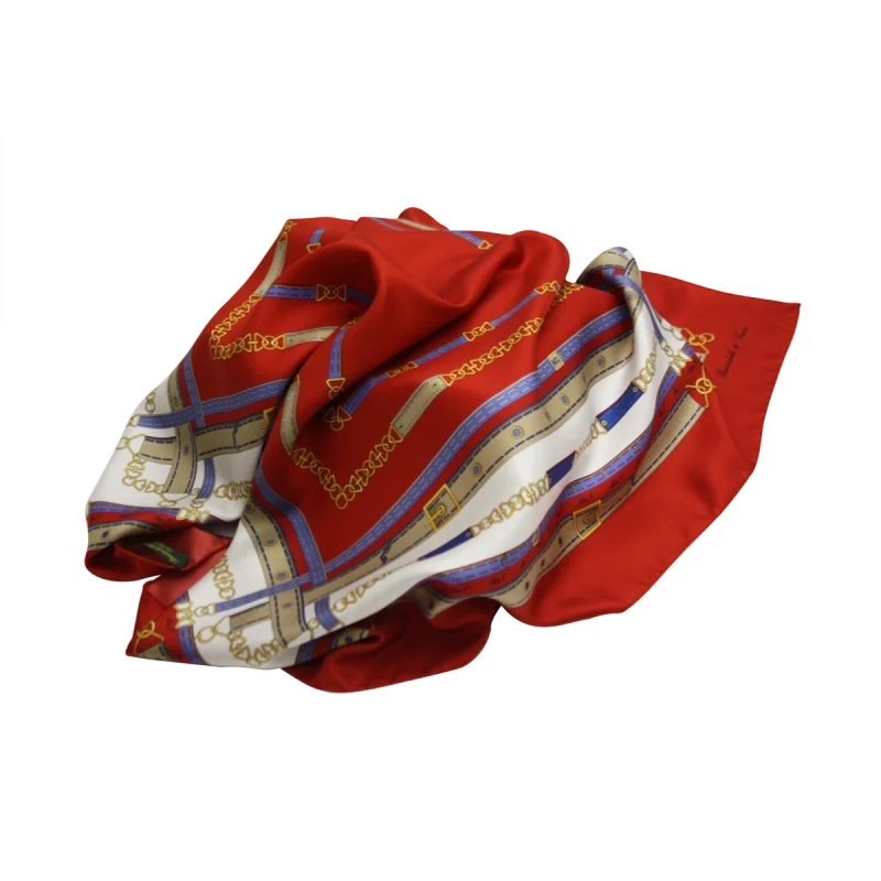 Foulard donna in seta rosso con dettagli blu e fantasia classica
