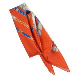 Foulard 90x90 in seta arancione intenso con dettagli blu e avorio