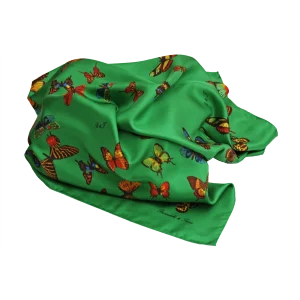 foulard in seta verde smeraldo con fantasia farfalle drappeggiato