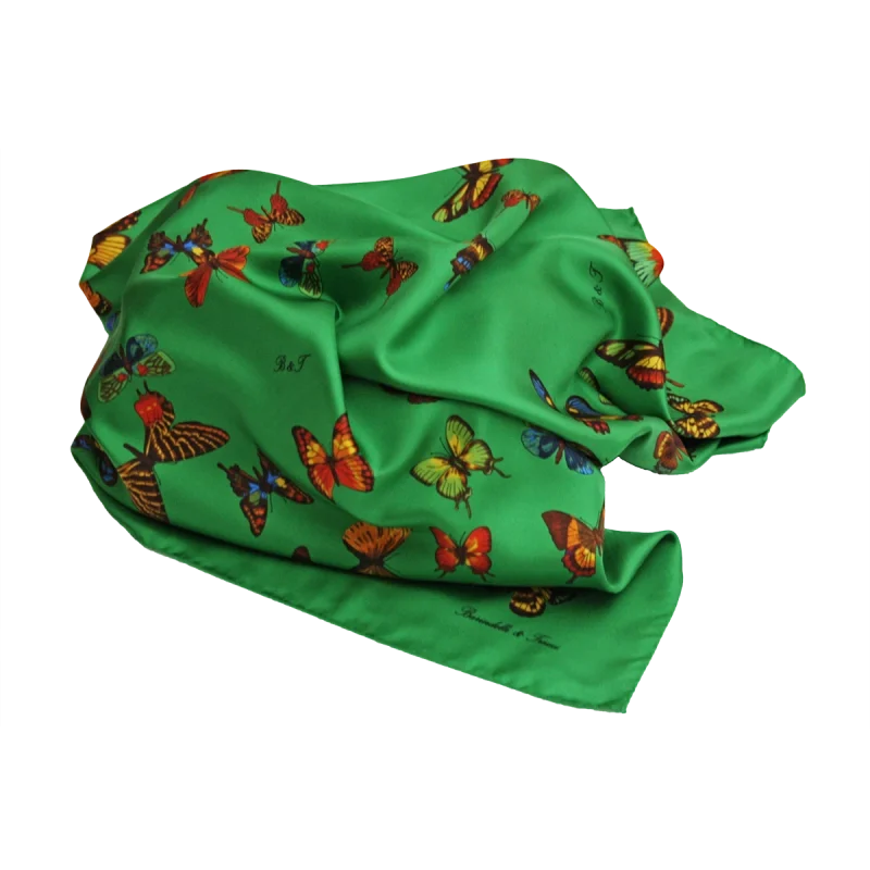 foulard in seta verde smeraldo con fantasia farfalle drappeggiato