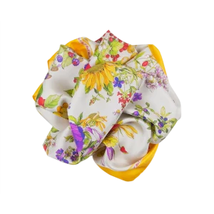 Foulard Quadrato in Seta Fiori e Frutti Giallo FIA21 foulard quadrato in seta con girasoli fiori frutti e bordo giallo