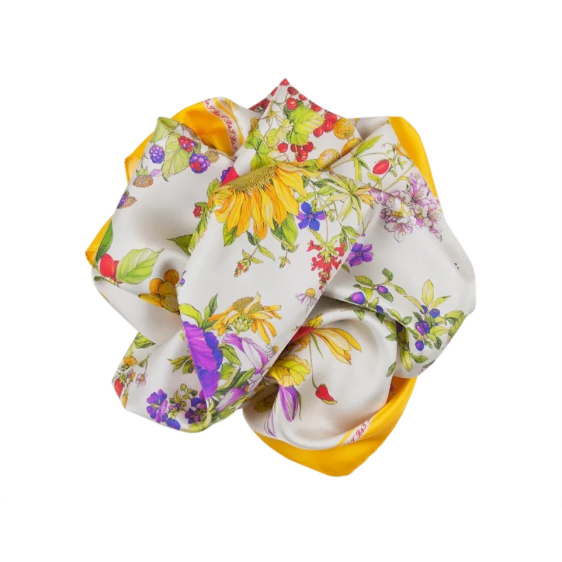 Foulard Quadrato in Seta Fiori e Frutti Giallo FIA21 foulard quadrato in seta con girasoli fiori frutti e bordo giallo