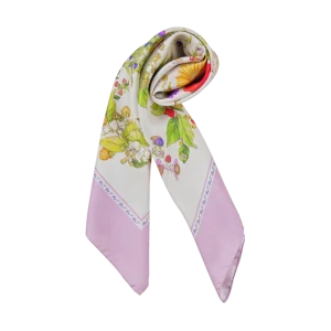 foulard quadrato in seta con fiori piccoli frutti e bordo rosa