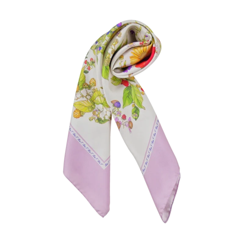 foulard quadrato in seta con fiori piccoli frutti e bordo rosa