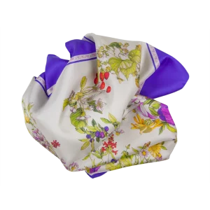 Foulard 90x90 in Seta Fantasia Ghirlande di Fiori e Frutti Viola