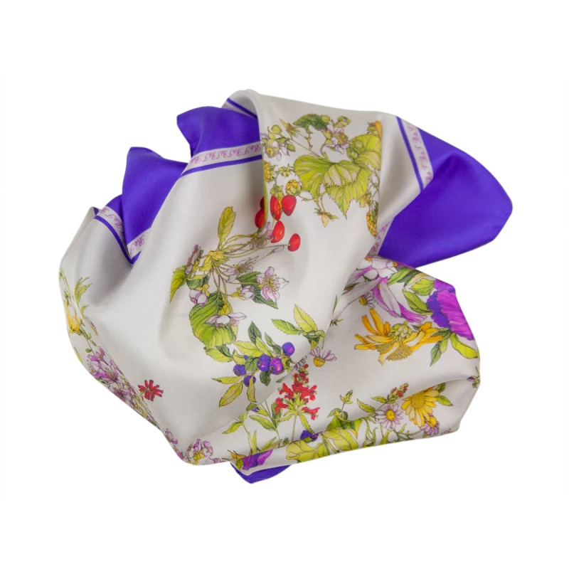 Foulard 90x90 in Seta Fantasia Ghirlande di Fiori e Frutti Viola