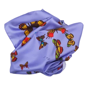 foulard quadrato in seta pervinca da donna con fantasia di farfalle colorate