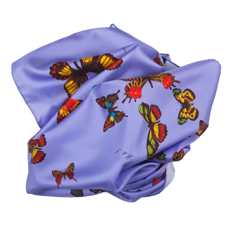 foulard quadrato in seta pervinca da donna con fantasia di farfalle colorate
