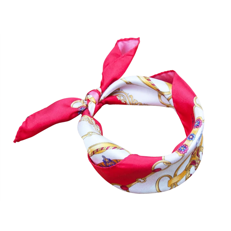 Foulard piccolo da collo in seta con fantasia catene e bordo rosso