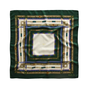 Foulard 90x90 in twill di seta verde bosco con fantasia cinture e fibbie