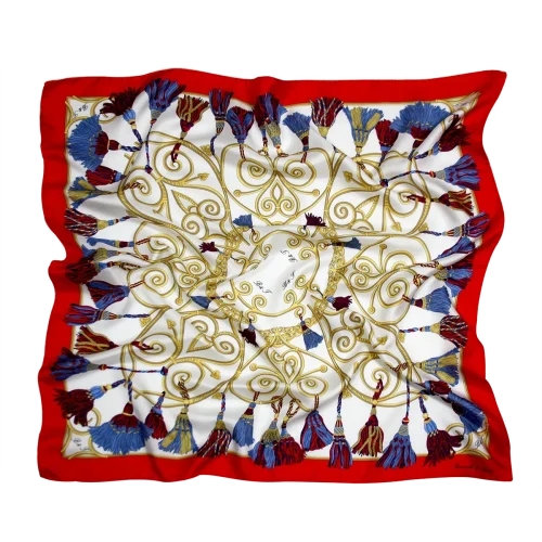 foulard 90x90 in seta con corde dorate nappine blu e rosse e bordo rosso