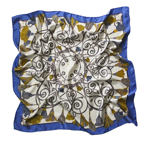 foulard 90x90 in seta con corde e nappine oro blu e bordo blu royal
