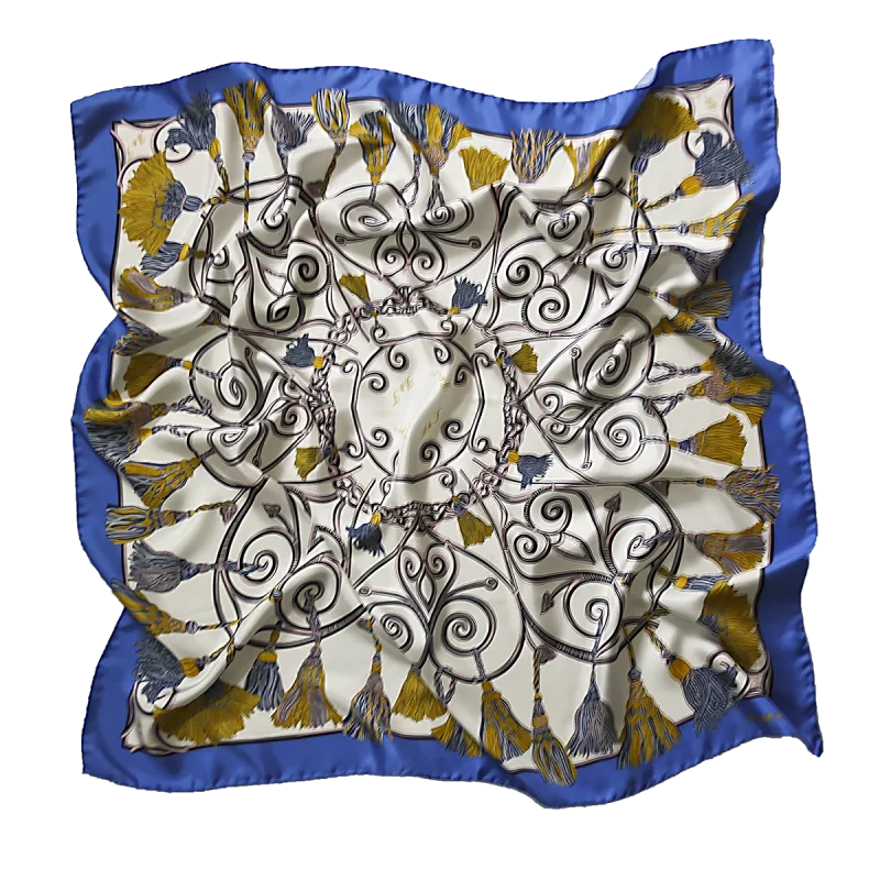 Foulard 90x90 in Seta Corde e Nappine Oro e Blu Royal FCB09 foulard 90x90 in seta con corde e nappine oro blu e bordo blu royal
