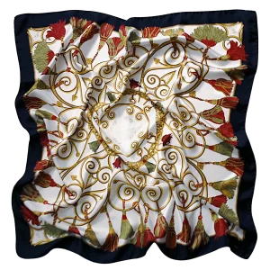 foulard 90x90 in seta con corde dorate nappine rosse e verdi e bordo nero