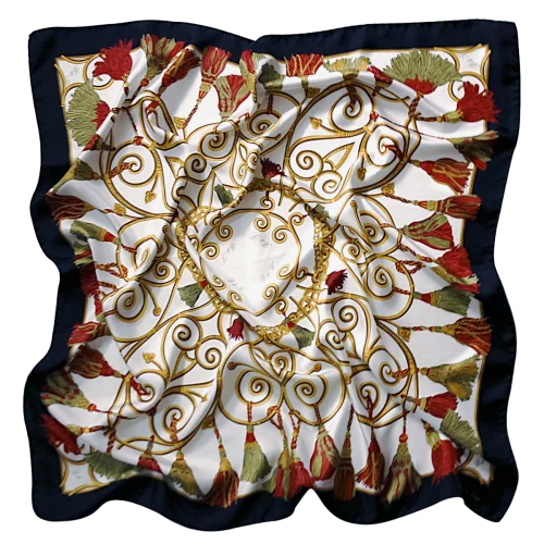 foulard 90x90 in seta con corde dorate nappine rosse e verdi e bordo nero