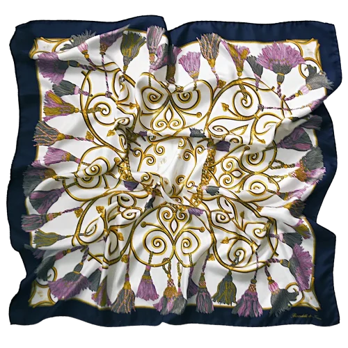 foulard 90x90 in seta con cordoni dorati nappine e bordo blu navy