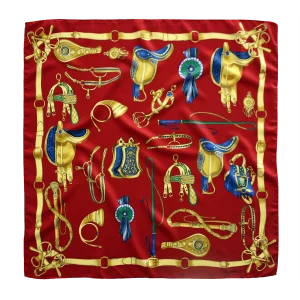foulard quadrato in seta rossa con selle, briglie e accessori equestri dorati