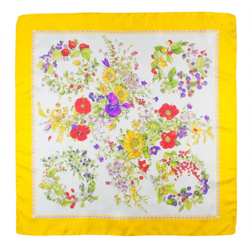foulard 90x90 in seta con ghirlande di fiori e frutti e bordo giallo