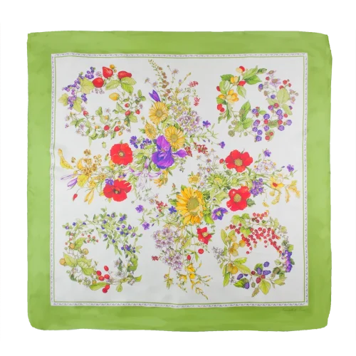 foulard 90x90 in seta con ghirlande di fiori e frutti e bordo verde lime