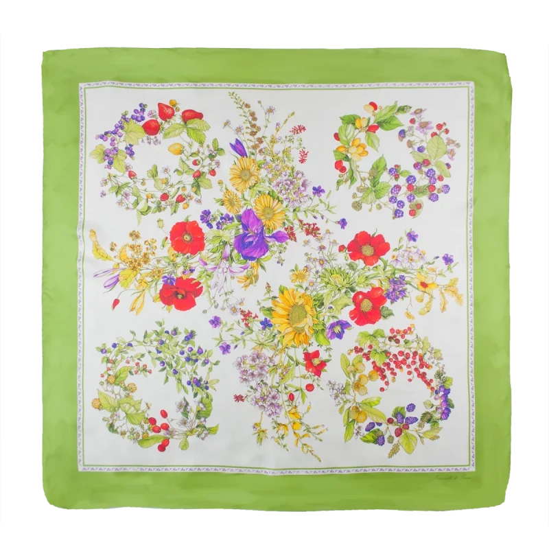 foulard 90x90 in seta con ghirlande di fiori e frutti e bordo verde lime