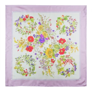 foulard 90x90 in seta con ghirlande di fiori e frutti e bordo rosa