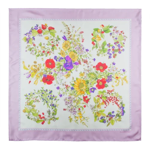 foulard 90x90 in seta con ghirlande di fiori e frutti e bordo rosa