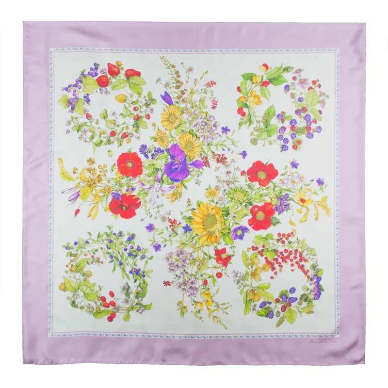 foulard 90x90 in seta con ghirlande di fiori e frutti e bordo rosa