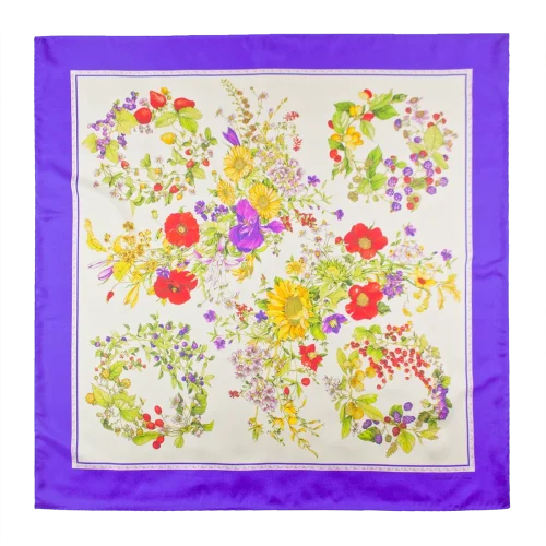 foulard 90x90 in seta con ghirlande di fiori e frutti e bordo viola