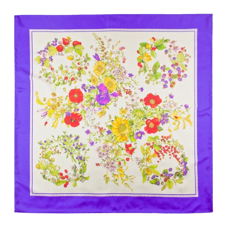 foulard 90x90 in seta con ghirlande di fiori e frutti e bordo viola