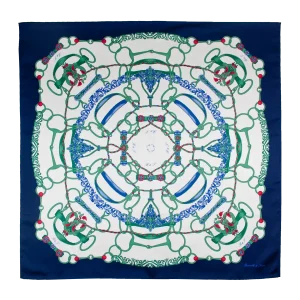 foulard 90x90 in seta con fantasia anelli e corde blu navy e verde
