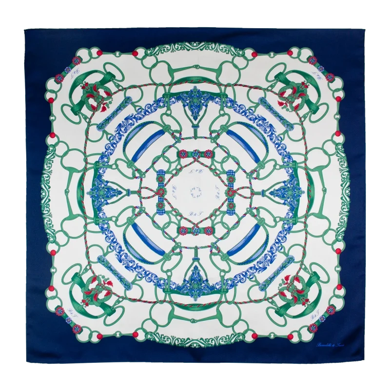 Foulard in Seta Anelli e Corde Blu Navy e Verde FCB36 foulard 90x90 in seta con fantasia anelli e corde blu navy e verde