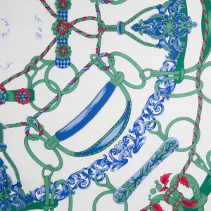 Dettaglio Foulard Anelli e Corde Blu Navy e Verde FCB36 dettaglio della stampa del foulard in seta verde e blu con anelli e corde