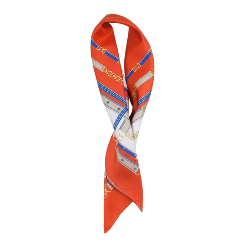 Foulard donna in seta arancione intenso con fantasia cinture e fibbie