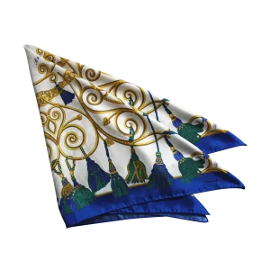 dettaglio foulard in seta con nappine blu verdi e decorazioni dorate