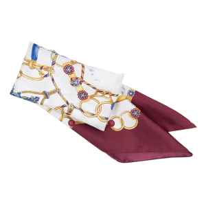 foulard da donna in seta bordeaux annodato con fantasia blu e oro