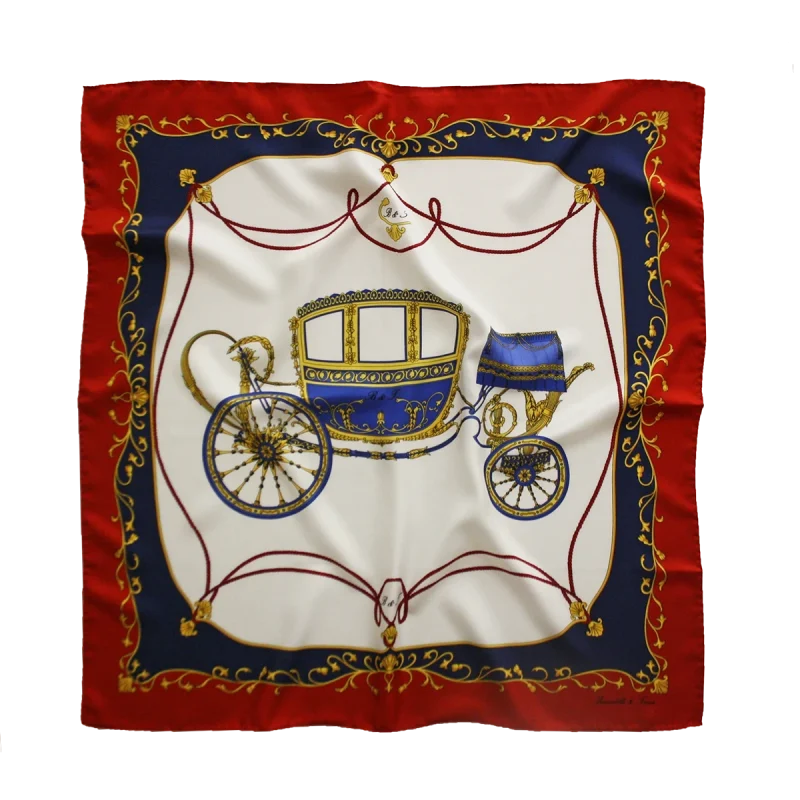 foulard in seta con carrozza imperiale su fondo avorio e bordo rosso classico
