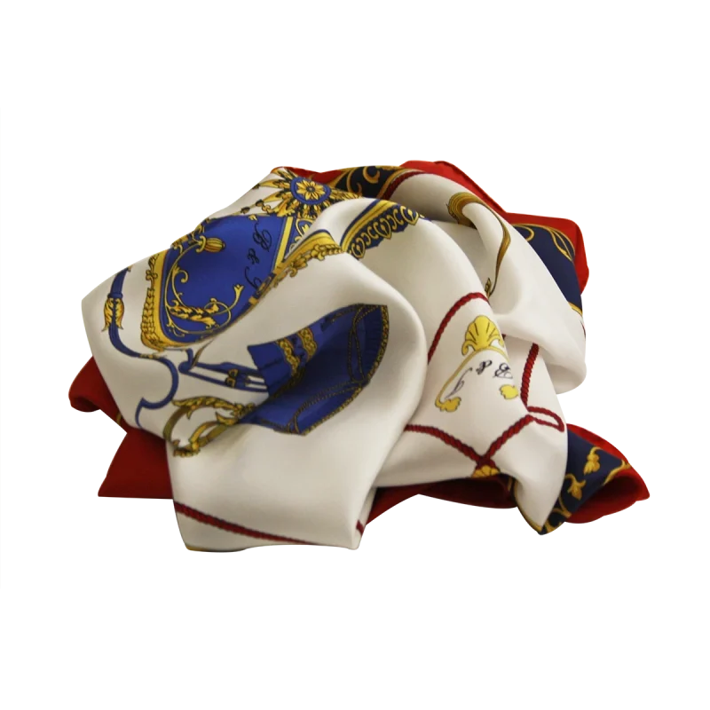 foulard in seta avorio e rosso classico con fantasia carrozza imperiale
