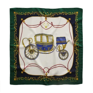foulard in seta con carrozza imperiale su fondo avorio e bordo verde smeraldo