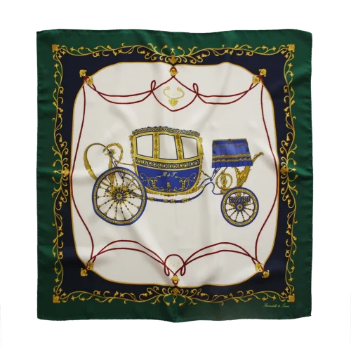foulard in seta con carrozza imperiale su fondo avorio e bordo verde smeraldo