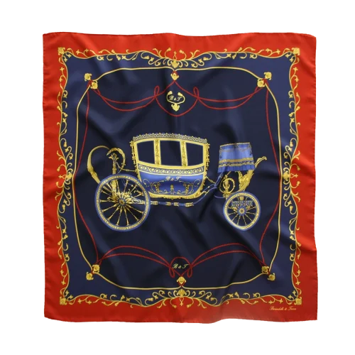 foulard in seta con carrozza imperiale blu navy e bordo rosso steso