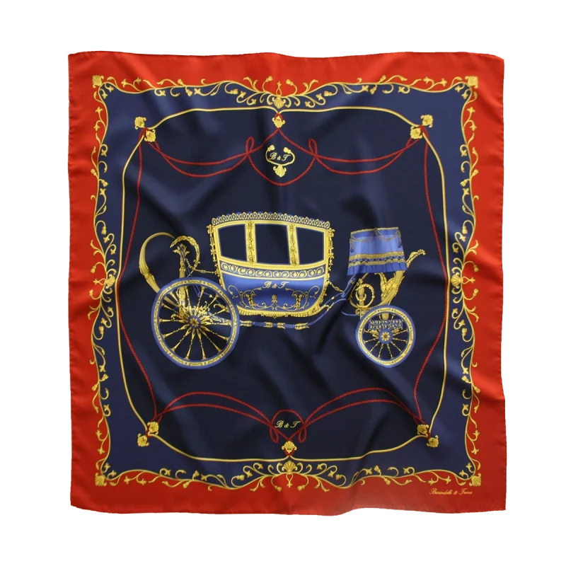 foulard in seta con carrozza imperiale blu navy e bordo rosso steso